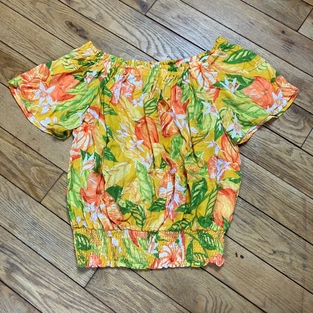 Rachel Rachel Roy Yellow Citrus Floral Smocked‎ Off Shoulder Top Small